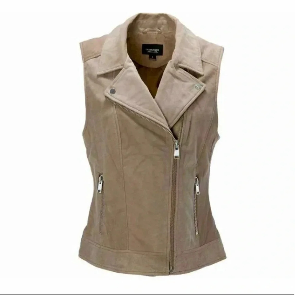 Lamarque Edusa Leather Zipper Vest Jacket Tan Khaki Moto Western Size S
